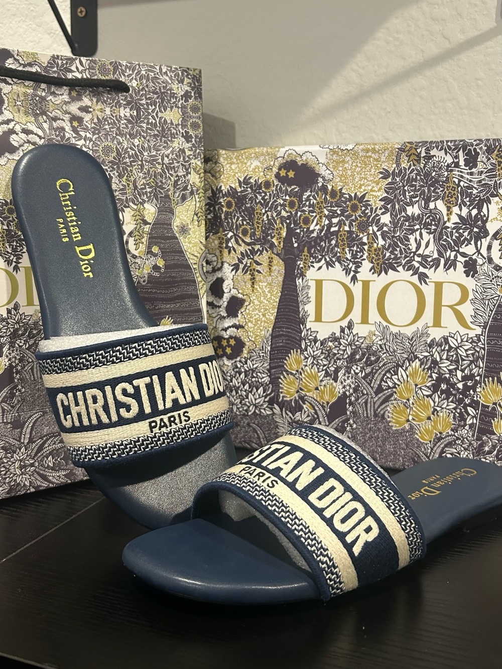 Dior Navy and Cream Christian Dior Embroidered Slide Sandals
